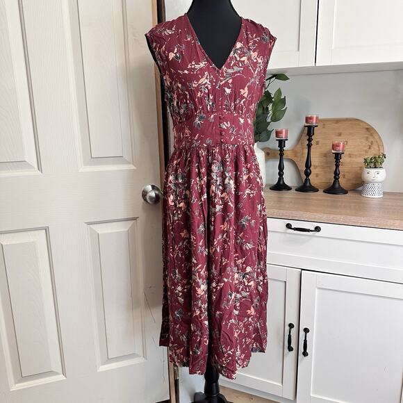 ROXY Maroon Floral Midi Milkmaid Dress Women’s Size Small S Y2K 90’s Open Back - Picture 1 of 13